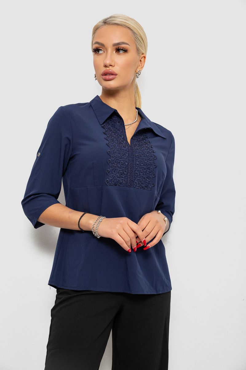 Блуза однотонна, колір синій, 230R70-1 - Зображення 3