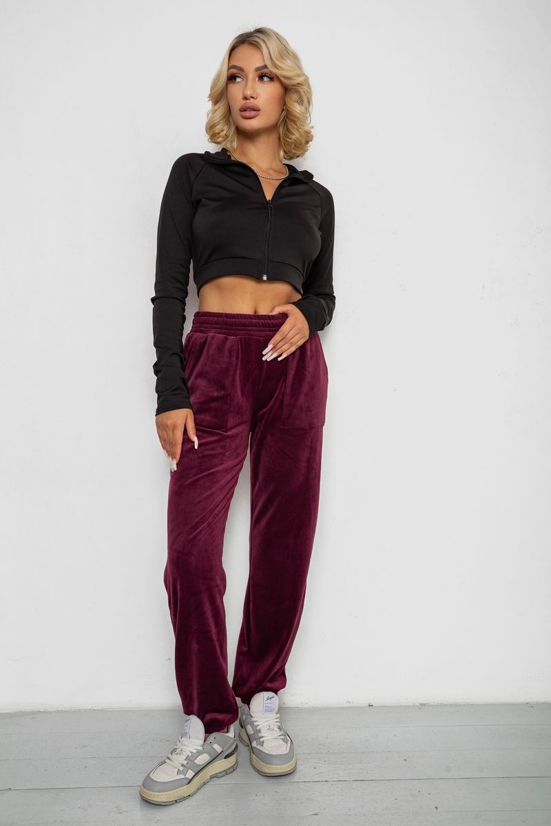 Спортивні штани велюрові жіночі на флісі, колір бордовий, 238R58647-3