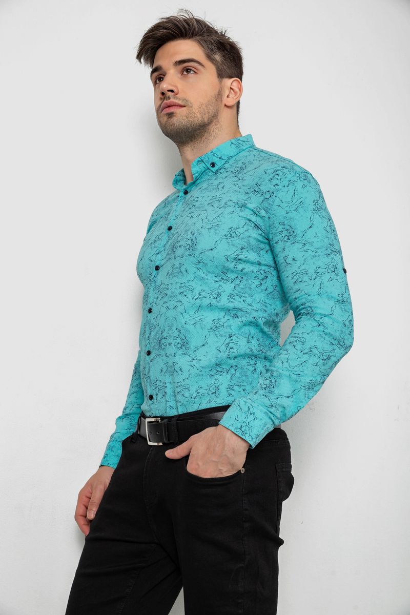 Сорочка чоловіча з принтом стрейч, колір бірюзовий, 214R1054 - Зображення 3