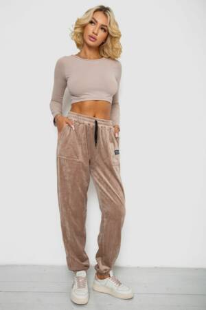 Спортивні штани велюрові жіночі на флісі, колір бежевий, 238R58645
