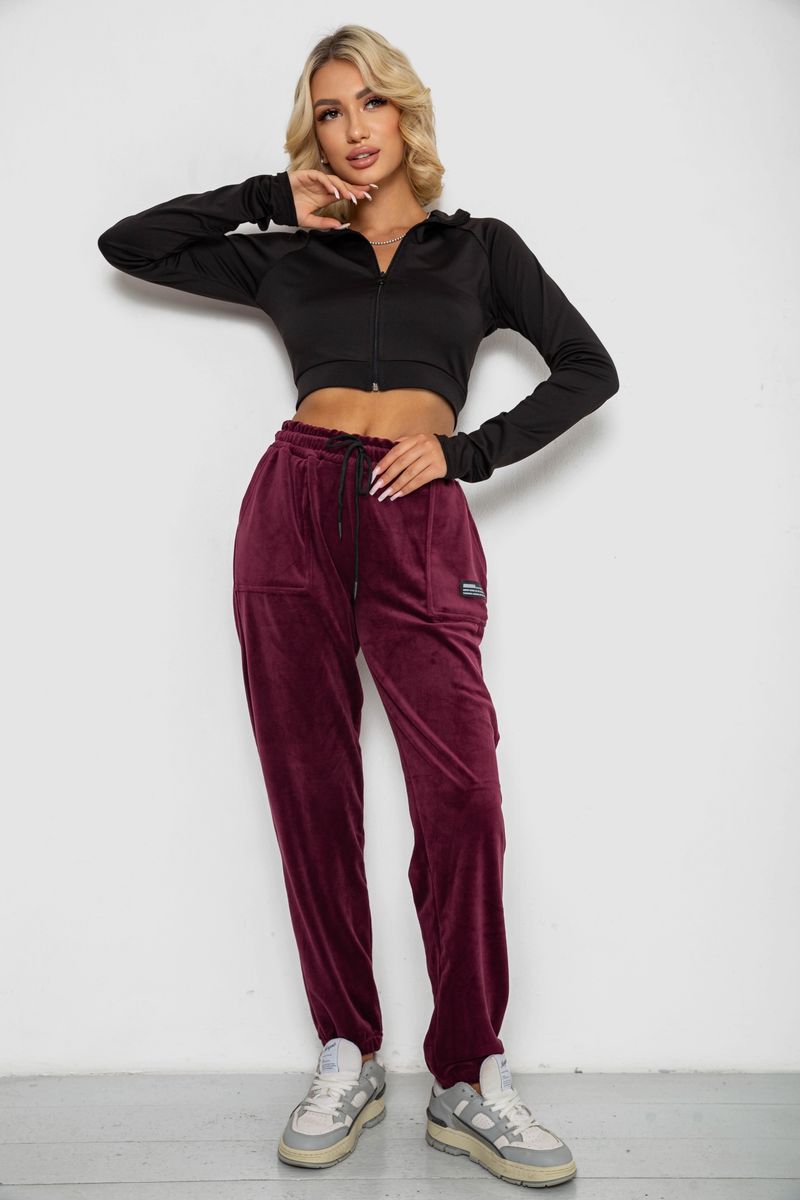 Спортивні штани велюрові жіночі на флісі, колір бордовий, 238R58645
